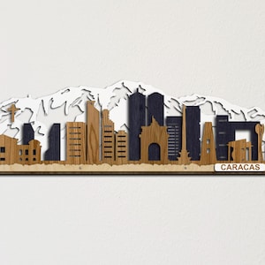 Ligne d&#39;horizon de Caracas, art mural 3D coloré, paysage urbain en bois découpé au laser