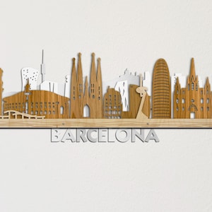 Ligne d&#39;horizon de Barcelone, grande dimension détaillée, 3D, découpée au laser, grande oeuvre d&#39;art murale en bois, livraison express gratuite