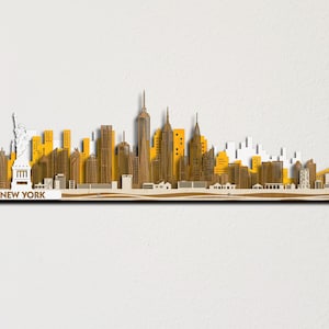 Art mural 3D découpé au laser en couches colorées de paysage urbain en bois de la ligne d&#39;horizon de New York