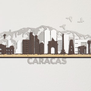 Caracas Venezuela Skyline 3D Art mural en bois découpé au laser en couches, or argenté, chêne wengé