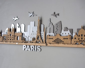 Skyline van Parijs, grote gedetailleerde 3D-gelaagde lasergesneden grote houten muurkunst - Duty Paid