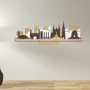 Grote skyline van Karachi, 3D-gelaagde gedetailleerde lasergesneden grote houten muurkunst goud zilver eiken wengé gratis expresverzending