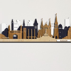 Skyline van Karachi, grote gekleurde gedetailleerde 3D-houten stadsgezicht gelaagde lasergesneden kunst aan de grote muur Gratis expresverzending