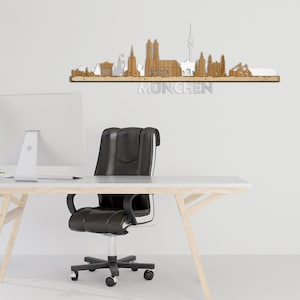 May include: A wooden wall decor featuring a silhouette of the Munich skyline with the word "MUNCHEN" printed below. The decor is displayed on a white wall above a desk with a black office chair and a computer monitor.