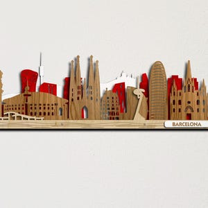 Art mural 3D découpé au laser en couches colorées de paysage urbain en bois d&#39;horizon de Barcelone