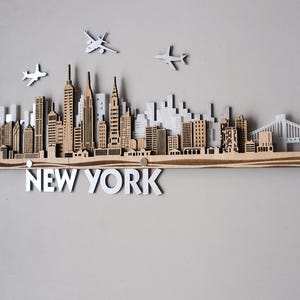 Skyline van New York City, grote gedetailleerde 3D-gelaagde lasergesneden grote houten muurkunst Gratis expresverzending