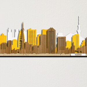 Tokyo skyline grote gekleurde 3d houten stadsgezicht gelaagde lasergesneden kunst aan de grote muur Gratis expresverzending