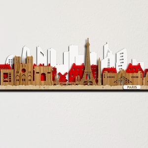Art mural 3D découpé au laser en couches colorées de paysage urbain en bois d&#39;horizon de Paris