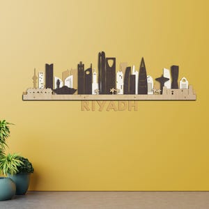 Grote skyline van Riyad gelaagde lasergesneden grote houten muurkunst goud zilver eiken wengé Gratis expresverzending