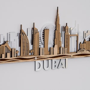 Grote 3d skyline van Dubai, gelaagde lasergesneden grote houten muurkunst Gratis expresverzending