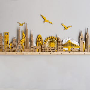 Skyline van wereldoriëntatiepunten groot gekleurd 3D-houten stadsgezicht gelaagde lasergesneden kunst aan de grote muur Gratis expresverzending