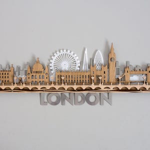 Grote Londense skyline 3D-gelaagde lasergesneden grote houten muurkunst Gratis expresverzending