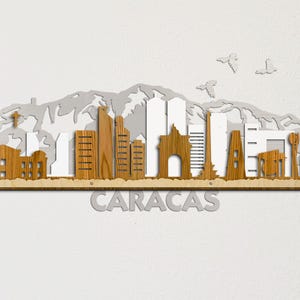 grote skyline van Caracas Venezuela 3D-gelaagde lasergesneden houten muurkunst goud zilver eiken wengé gratis expresverzending