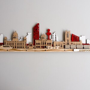 Skyline van Liverpool, grote gekleurde 3d houten stadsgezicht gelaagde lasergesneden kunst aan de grote muur Gratis expresverzending
