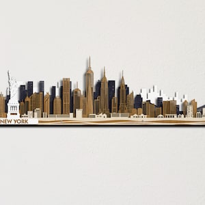 New York skyline grote gekleurde 3d houten stadsgezicht gelaagde lasergesneden kunst aan de grote muur Gratis expresverzending