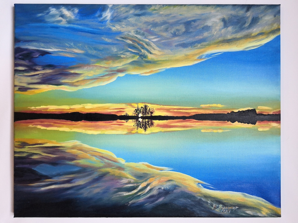 Dawn Sunset Reflection Water Landscape Oil Painting Sea Etsy