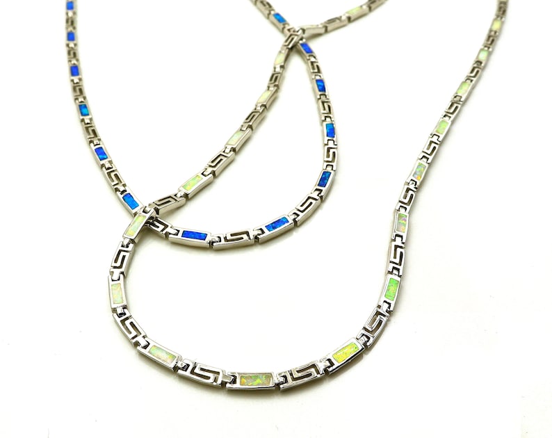 Griechischer M\u00e4ander kette Greek key meander necklace in Blue /& White opal Greek opal Jewelry Sterling silver Collier M\u00e9andre Grec