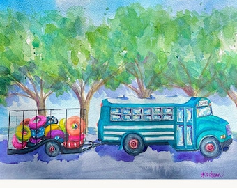 Toob Bus – Kunstdruck, Wandbild für New Braunfels, River-Tubing-Kunst, Geschenkidee für den Comal River, Sommerdeko für die Hill Country