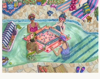 Aqua Mahjong - Lámina, Arte de pared de Mahjong, Regalo para amantes del Mahjong, Decoración para sala de juegos, Arte de fichas de Mahjong, Regalo para noche de chicas