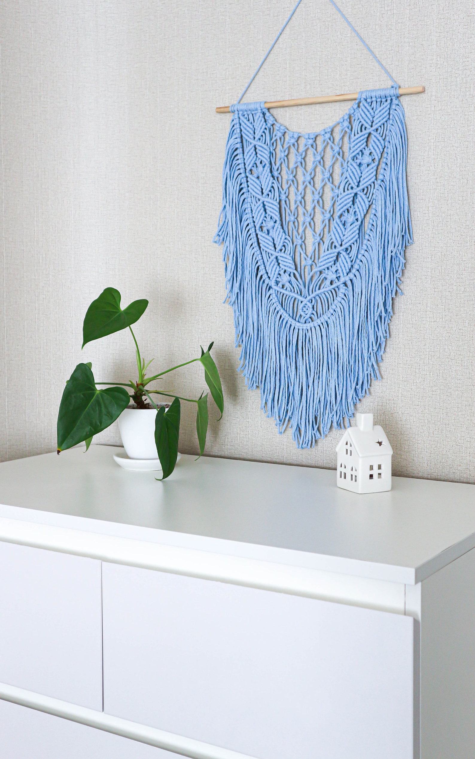 Blue Macrame Wall Hanging Above Bed Decor Modern Macrame Etsy