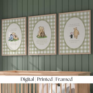 Classic Winnie the Pooh Nursery Quotes Art: Gingham Sage Green (Digital, Printed & Framed Options)