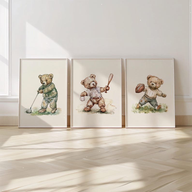 Vintage Sport Boy Nursery Art ∙ Set of 3 Teddy Bear Prints ∙ 1232 image 7