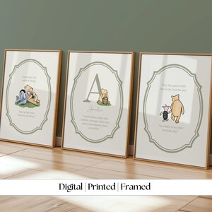 Set of 3 Personalized Vintage Winnie the Pooh Nursery Quotes Art with Monogram: Green, Pink, Blue (Digital, Printed or Framed Options)
