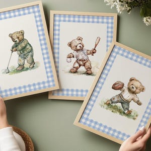 Sport nursery set, Boy nursery wall art sport, Vintage boy nursery, Teddy Bear Golf Print Nursery, Gingham,Blue,baseball nursery decoration
