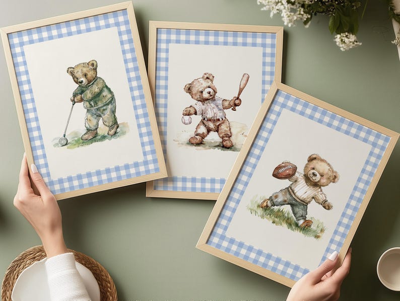 Sport nursery set, Boy nursery wall art sport, Vintage boy nursery, Teddy Bear Golf Print Nursery, Gingham,Blue,baseball nursery decoration