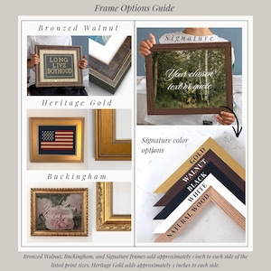 The image is a framed options guide that provides information about different framed options available for prints and canvas art. It includes a list of various frame options such as black, white, oak, natural wood, gold, walnut, bronze, and heritage gold, along with their corresponding print sizes. All measurements are taken by hand, and the image is described in a concise and straightforward manner, avoiding redundancy and vague wording.