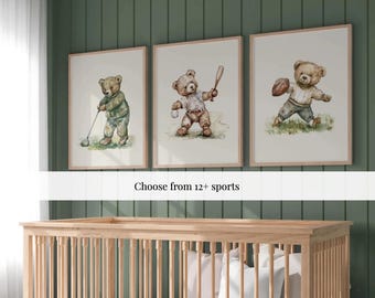Boy's Vintage Sports Nursery Prints Set of 3 Teddy Bears ∙ 1232