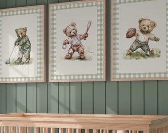 Vintage Sport Boy Nursery Gingham Plaid Art ∙ Set of 3 Teddy Bear Prints ∙ 1850