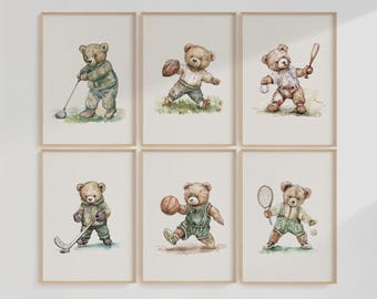 Nursery Wall Art Set of 6 Vintage Teddy Bears Playing Sports ∙ 1232