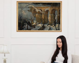 Christmas Framed Pictures ∙ Old Village Canvas Wall Art ∙ Railway Bridge Winter Landscape ∙ 2394