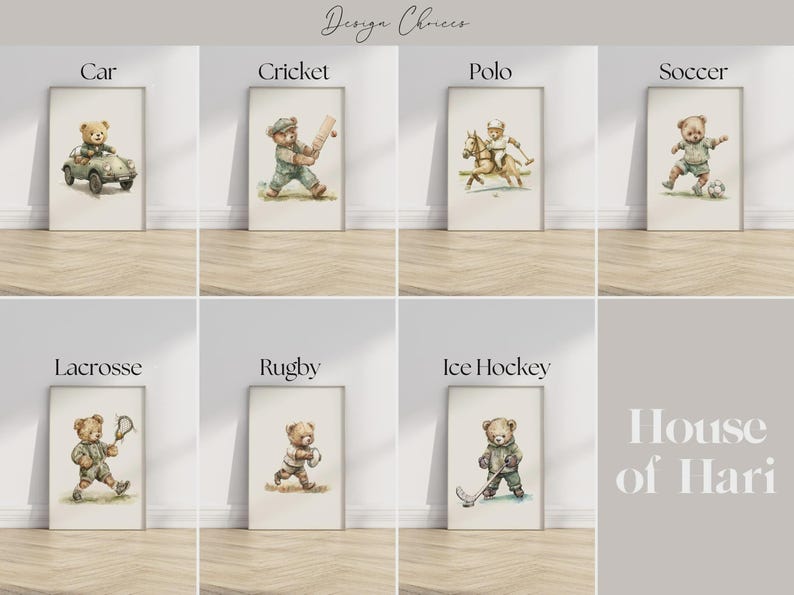 Vintage Sport Boy Nursery Art ∙ Set of 3 Teddy Bear Prints ∙ 1232 image 3