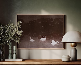 Abstract Swans Large Canvas Brown Neutral ∙ Extra Large Wall Art ∙ 2391