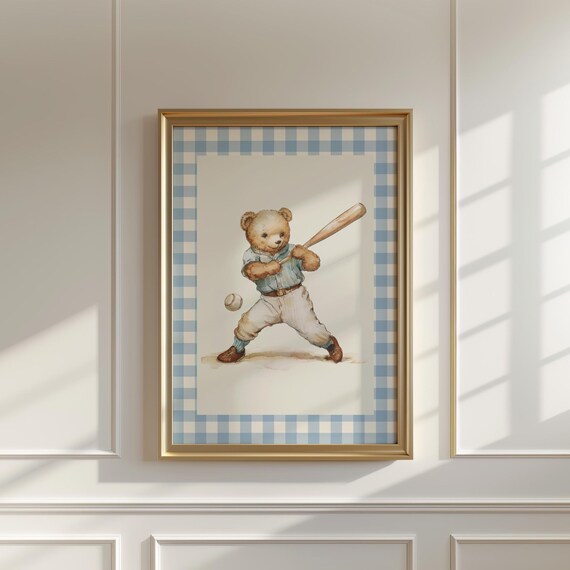 Sports nursery Baseball Teddy Bear Wall Art, boy baseball nursery, vintage nursery, sport nursery, vintage boy nursery teddy, gingham, blue