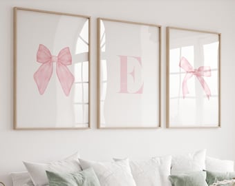 Light Pink Bow Custom Initial Name Art, Pink Girly Posters, Pink Nursery Set of 3, Wall Art, Digital Download, Printable, Framed