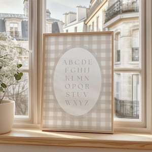 Plaid Gingham ABC Poster: Beige Nursery Alphabet Art (Digital, Printed or Framed)