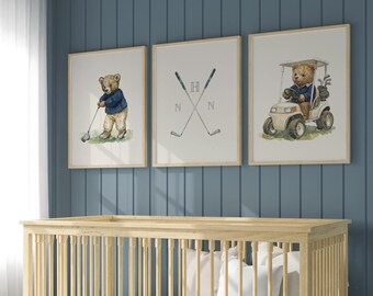 Boy's Golf Nursery Art Set of 3 Prints Navy Plaid Teddy Bears • 1848MS
