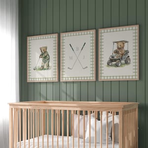 Boy's Golf Nursery Art ∙ Set of 3 Green Plaid Teddy Bear Prints ∙ 1861