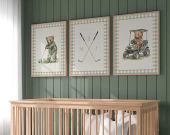 Boy's Golf Nursery Art ∙ Set of 3 Green Plaid Teddy Bear Prints ∙ 1861