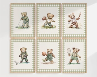 Set of 6 Sports Nursery Wall Art Gingham Vintage Teddy Bears