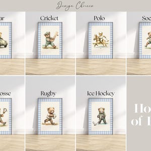 Boy's Nursery Wall Art Set of 3 ∙ Vintage Sports Teddy Bears in Blue Gingham ∙ 1889 image 3