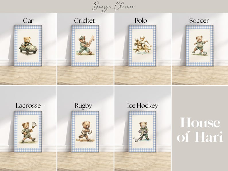 Boy's Nursery Wall Art Set of 3 ∙ Vintage Sports Teddy Bears in Blue Gingham ∙ 1889 image 3