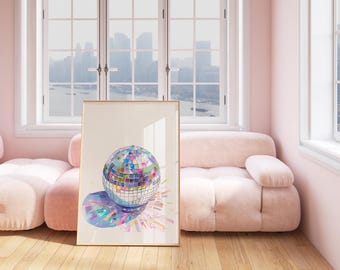 Disco Ball Print, Mirrorball Poster, Minimalist Luxury Modern Design, Aesthetic Trendy Retro Fun Decor Watercolor, Digital, Printable,Framed