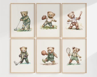 Nursery Wall Art Set of 6 Vintage Teddy Bears Playing Sports