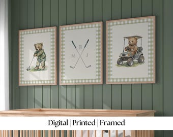 Boy Sports Nursery Golf Art by House of Hari • Sports Bears Plaid Green Vintage Boy Nursery Decorating • Digital, Print or Framed
