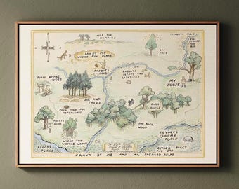 以下が含まれることがあります： 100エーカーの森の地図の額入りイラスト。手描きのインクと水彩画のディテールが特徴です。地図には、プーさんの家、6本の松の木、ラビットの家、オウルの家、イーヨーの場所などのラベルが記されています。