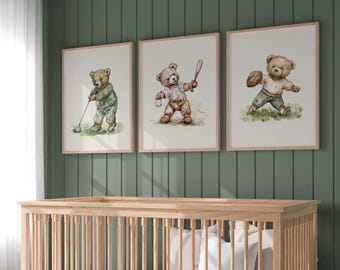 Vintage Sport Boy Nursery Art ∙ Set of 3 Teddy Bear Prints ∙ 1232